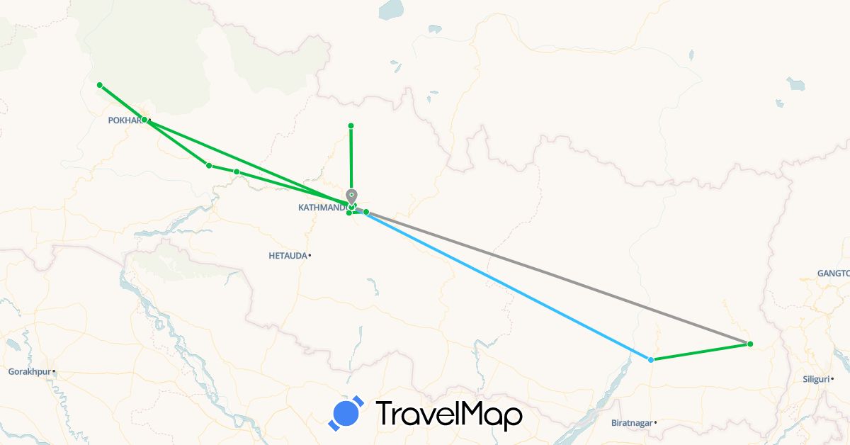 TravelMap itinerary: driving, bus, plane, boat in Nepal (Asia)